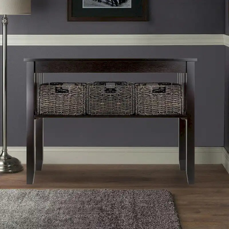 Espresso 2 Tier Entryway Hall Console Table with 3 Storage Baskets - 40W x 18D x 30H
