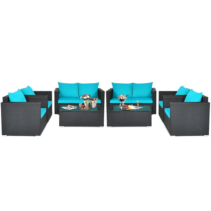 Costway 8PCS Patio Rattan Cushioned Sofa Chair Coffee Table Turquoise - See Details