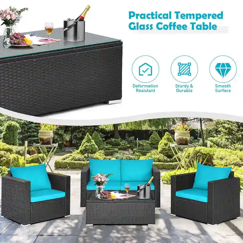 Costway 8PCS Patio Rattan Cushioned Sofa Chair Coffee Table Turquoise - See Details