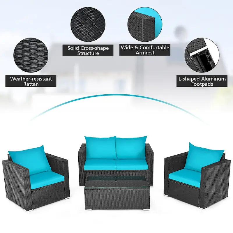 Costway 8PCS Patio Rattan Cushioned Sofa Chair Coffee Table Turquoise - See Details