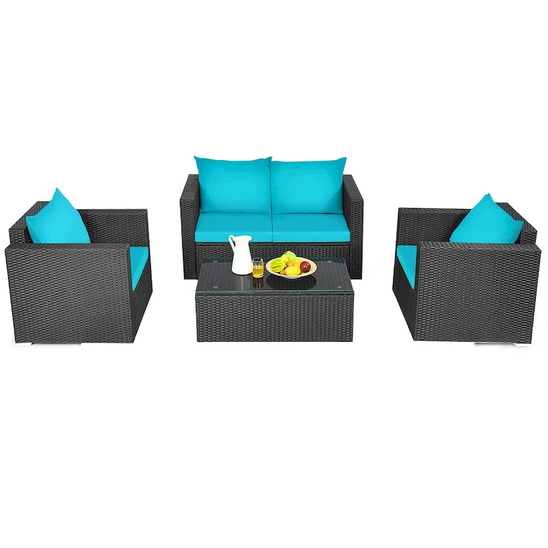 Costway 8PCS Patio Rattan Cushioned Sofa Chair Coffee Table Turquoise - See Details