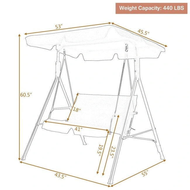 2 Person Weather Resistant Canopy Swing for Porch Garden Backyard Lawn - 55.0 x 43.5 x 60.5 (L x W x H)
