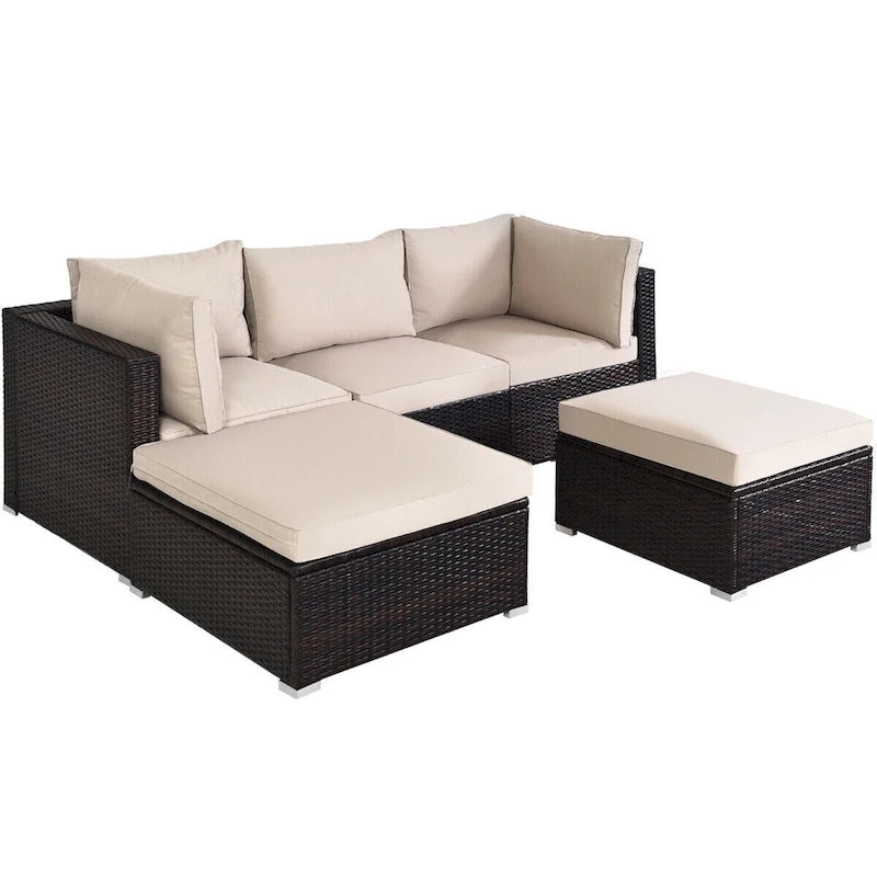 5 Pcs Patio Rattan Sofa Set with Cushion and Ottoman - 29.5 x 29.5 x 25 (L x W x H)