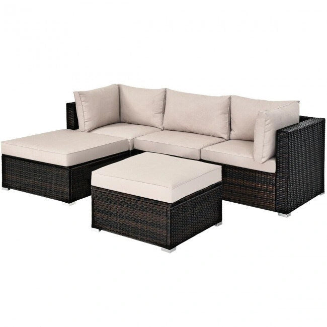 5 Pcs Patio Rattan Sofa Set with Cushion and Ottoman - 29.5 x 29.5 x 25 (L x W x H)