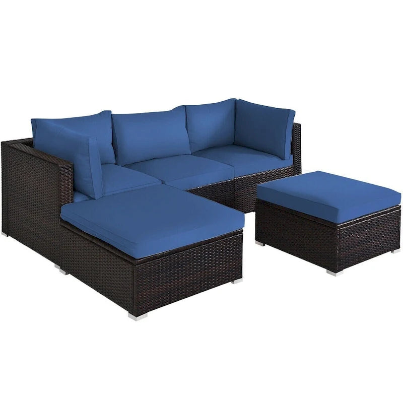 5 Pcs Patio Rattan Sofa Set with Cushion and Ottoman - 29.5 x 29.5 x 25 (L x W x H)
