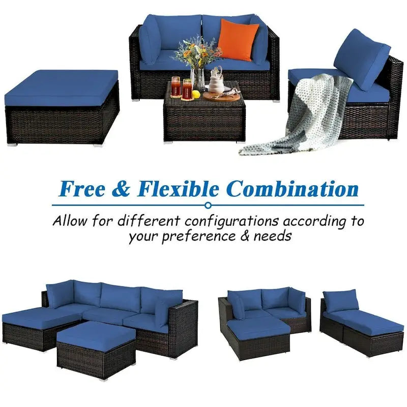 5 Pcs Patio Rattan Sofa Set with Cushion and Ottoman - 29.5 x 29.5 x 25 (L x W x H)