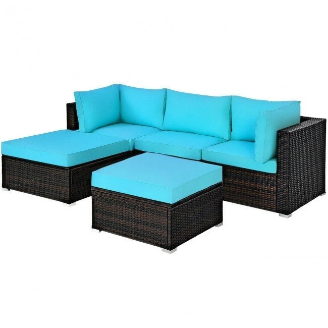 5 Pcs Patio Rattan Sofa Set with Cushion and Ottoman - 29.5 x 29.5 x 25 (L x W x H)