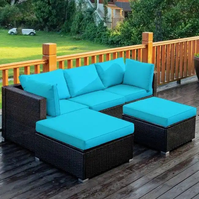 5 Pcs Patio Rattan Sofa Set with Cushion and Ottoman - 29.5 x 29.5 x 25 (L x W x H)