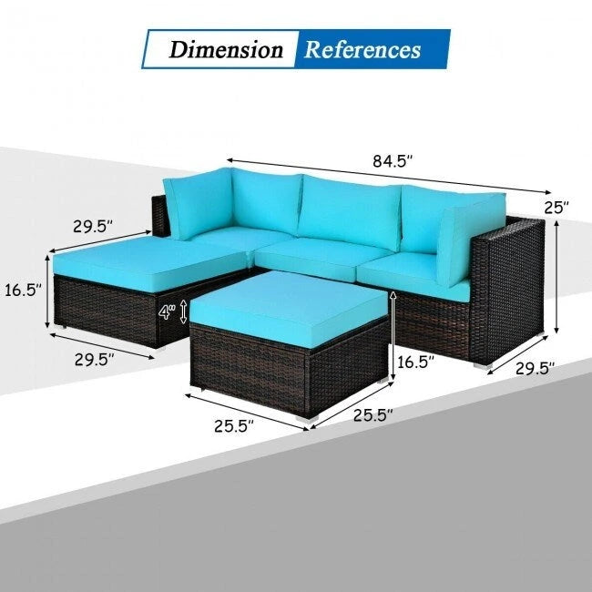 5 Pcs Patio Rattan Sofa Set with Cushion and Ottoman - 29.5 x 29.5 x 25 (L x W x H)