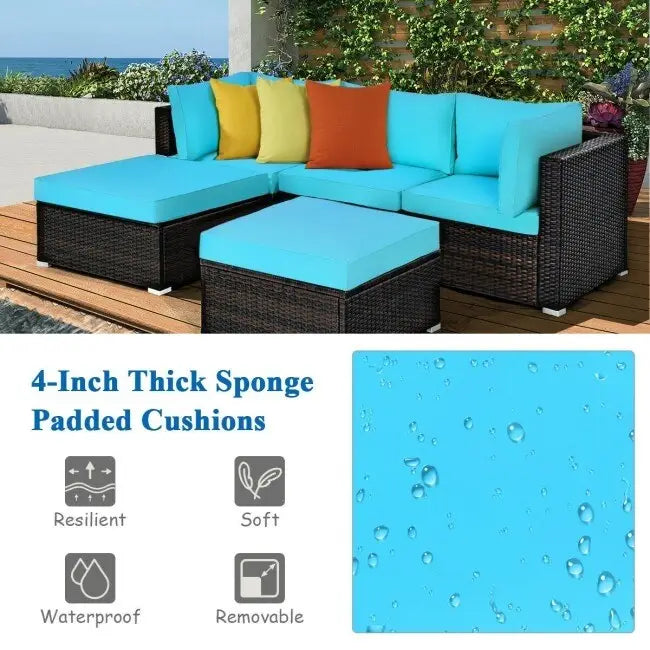 5 Pcs Patio Rattan Sofa Set with Cushion and Ottoman - 29.5 x 29.5 x 25 (L x W x H)