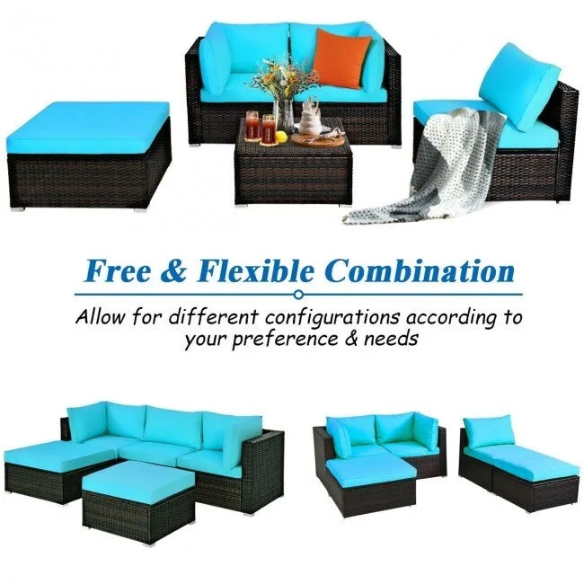 5 Pcs Patio Rattan Sofa Set with Cushion and Ottoman - 29.5 x 29.5 x 25 (L x W x H)