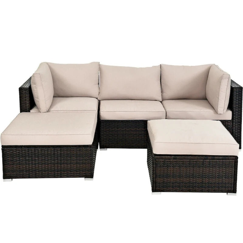 5 Pcs Patio Rattan Sofa Set with Cushion and Ottoman - 29.5 x 29.5 x 25 (L x W x H)
