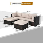 5 Pcs Patio Rattan Sofa Set with Cushion and Ottoman - 29.5 x 29.5 x 25 (L x W x H)