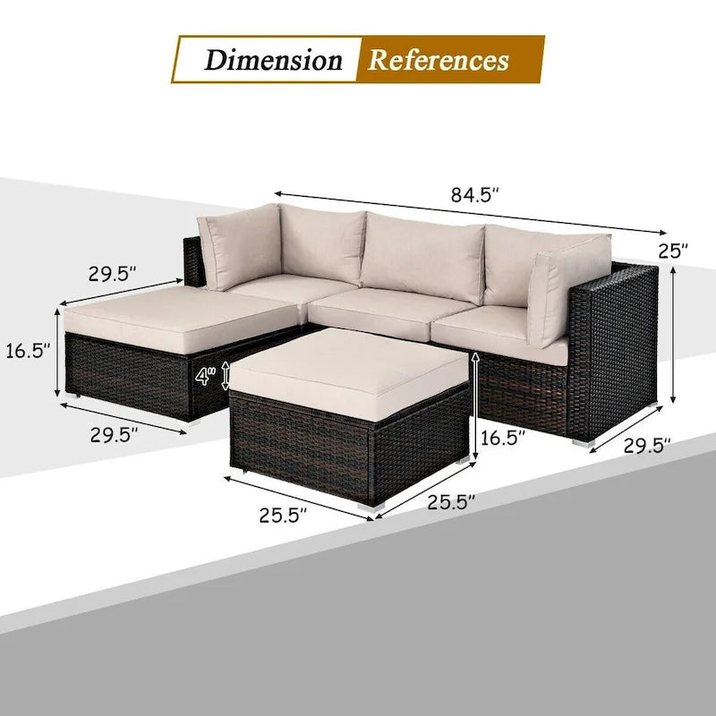 5 Pcs Patio Rattan Sofa Set with Cushion and Ottoman - 29.5 x 29.5 x 25 (L x W x H)