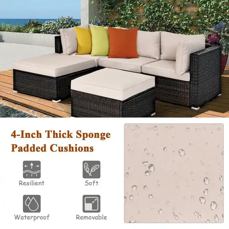 5 Pcs Patio Rattan Sofa Set with Cushion and Ottoman - 29.5 x 29.5 x 25 (L x W x H)