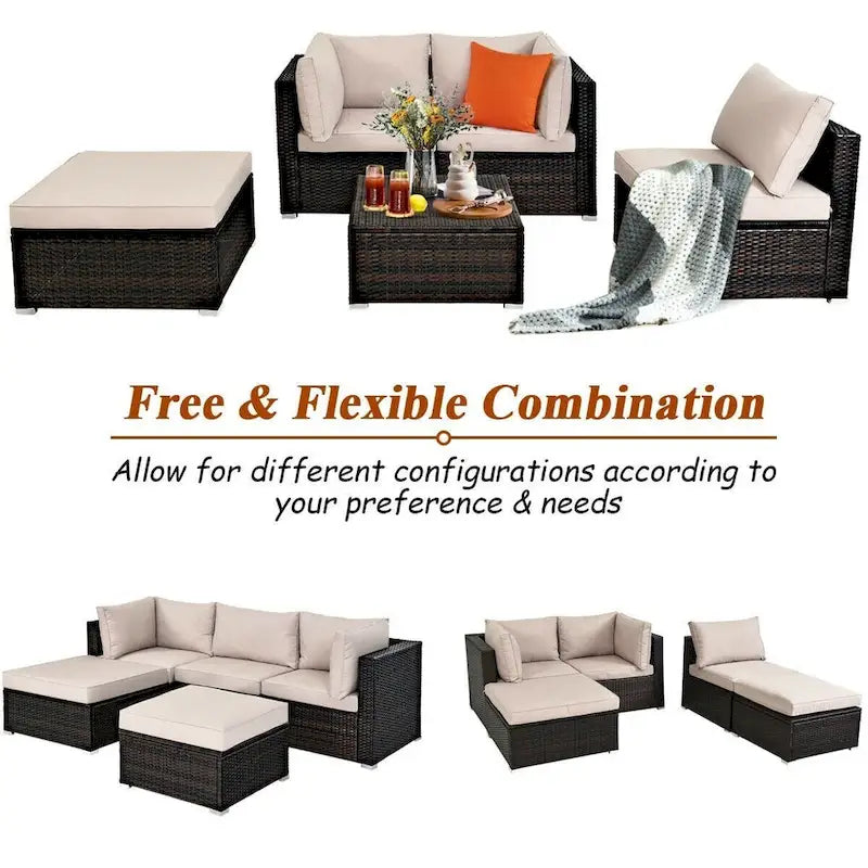 5 Pcs Patio Rattan Sofa Set with Cushion and Ottoman - 29.5 x 29.5 x 25 (L x W x H)