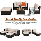 5 Pcs Patio Rattan Sofa Set with Cushion and Ottoman - 29.5 x 29.5 x 25 (L x W x H)