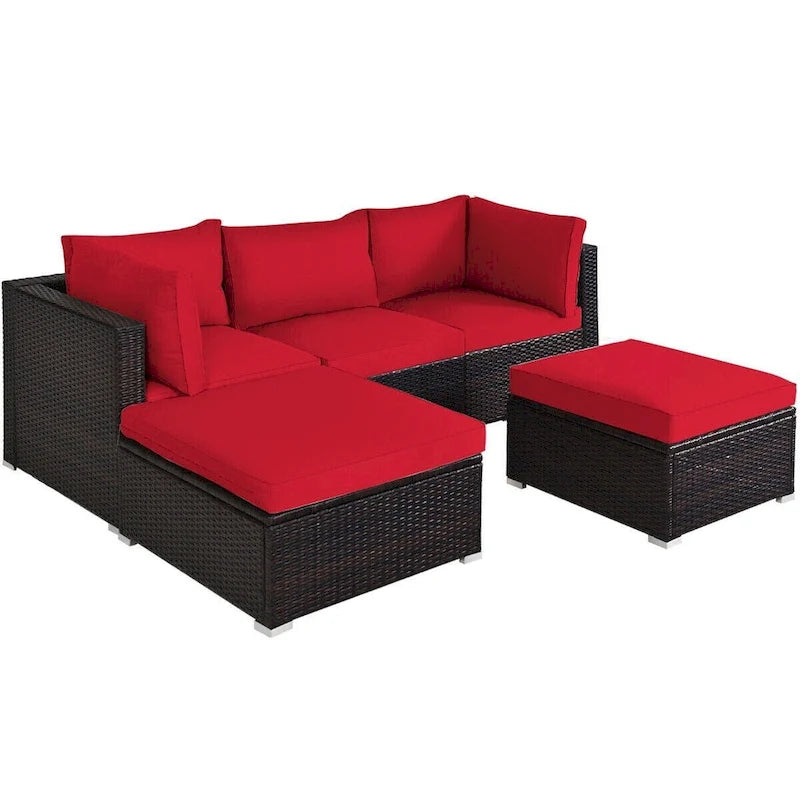 5 Pcs Patio Rattan Sofa Set with Cushion and Ottoman - 29.5 x 29.5 x 25 (L x W x H)