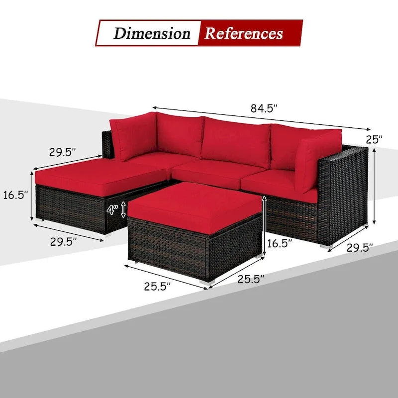 5 Pcs Patio Rattan Sofa Set with Cushion and Ottoman - 29.5 x 29.5 x 25 (L x W x H)