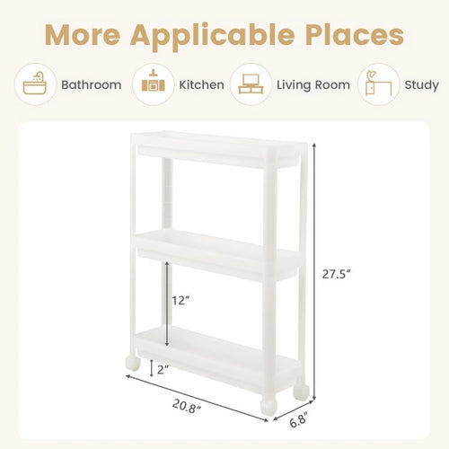 2 Pieces 3-Tier Slim Detachable Storage Cart with Drainage Holes and Wheels-White - 20.8 x 6.8 x 27.5