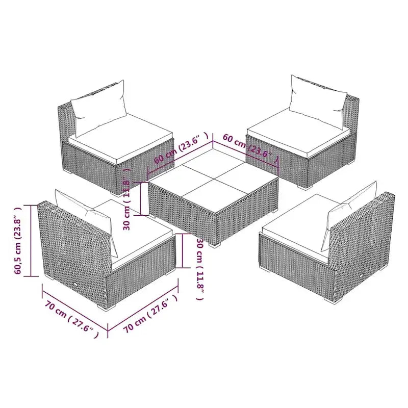 vidaXL Patio Lounge Set Outdoor Sectional Sofa Set Table Garden Poly Rattan - 27.6 x 27.6 x 23.8