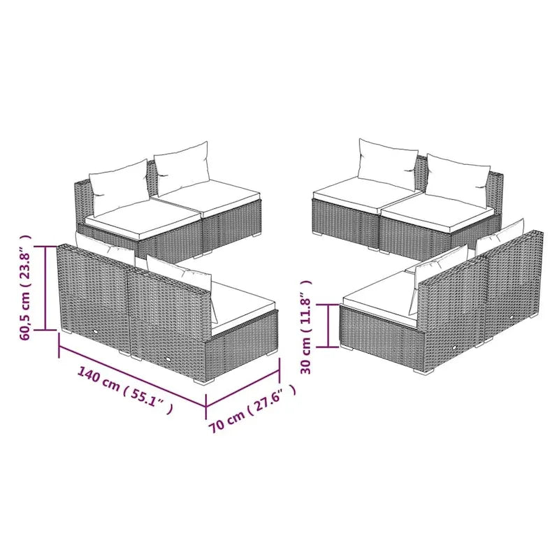 vidaXL Patio Lounge Set Outdoor Sectional Sofa Set Table Garden Poly Rattan - 27.6 x 27.6 x 23.8