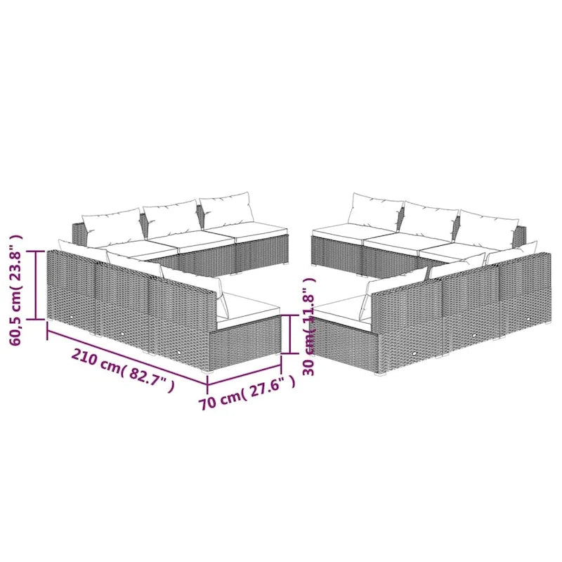 vidaXL Patio Lounge Set Outdoor Sectional Sofa Set Table Garden Poly Rattan - 27.6 x 27.6 x 23.8