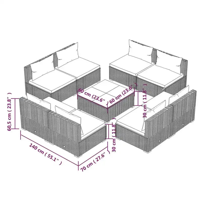 vidaXL Patio Lounge Set Outdoor Sectional Sofa Set Table Garden Poly Rattan - 27.6 x 27.6 x 23.8