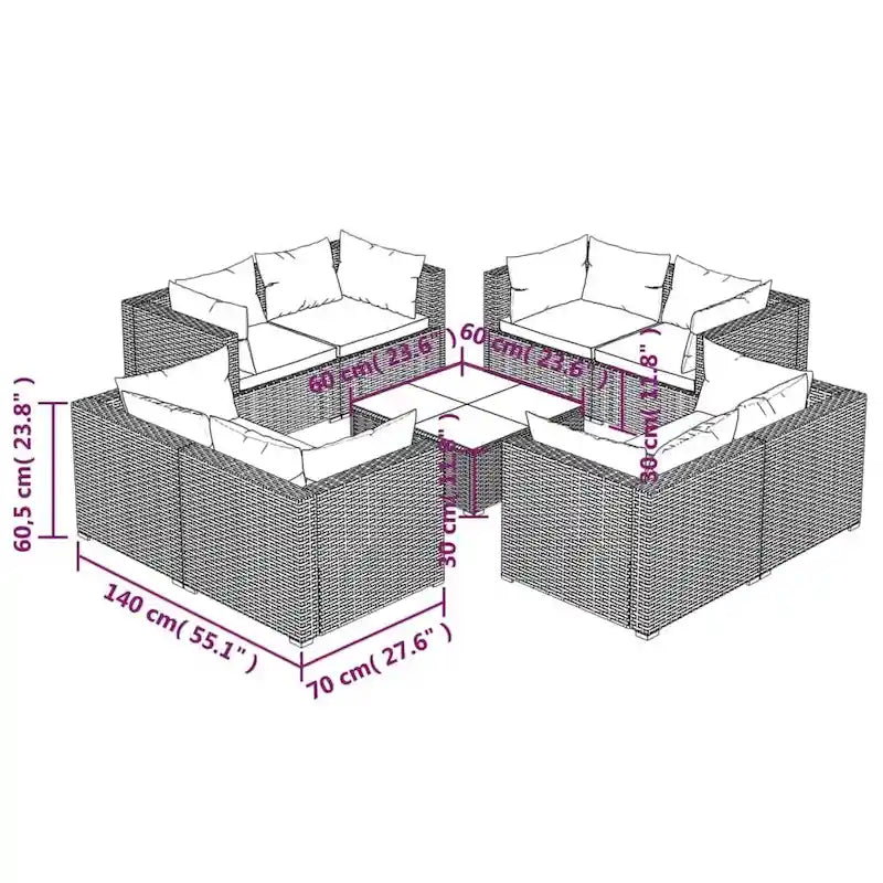 vidaXL Patio Lounge Set Outdoor Sectional Sofa Set Table Garden Poly Rattan - 27.6 x 27.6 x 23.8