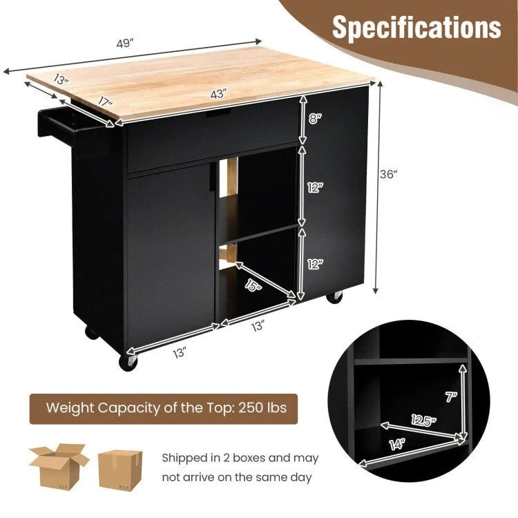 Drop-Leaf Kitchen Island with Rubber Wood Top - 49 x 30 x 36(L x W x H)