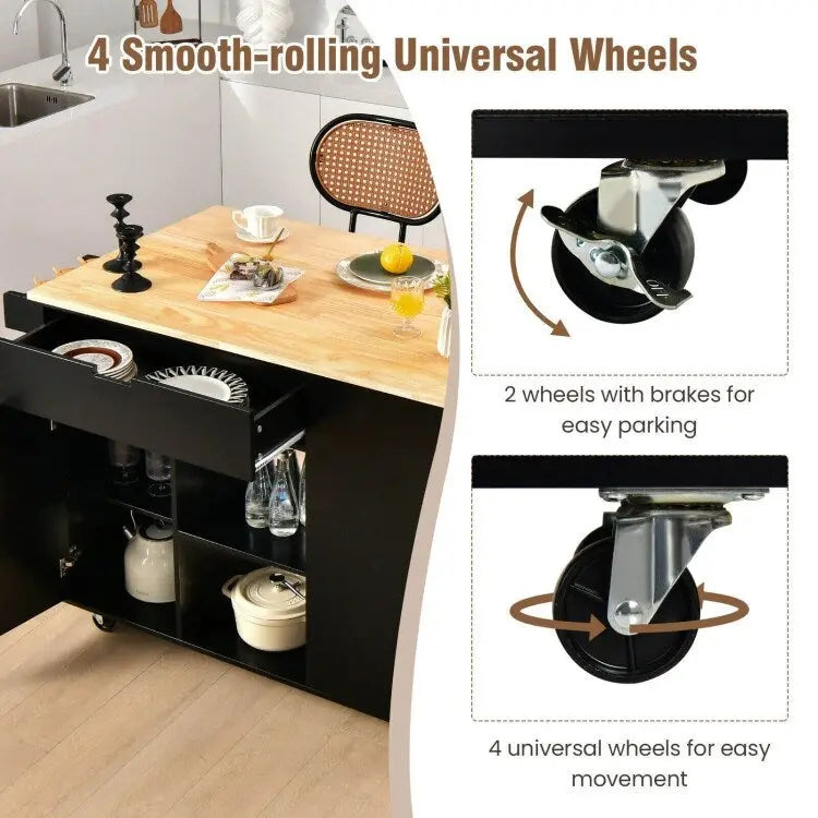 Drop-Leaf Kitchen Island with Rubber Wood Top - 49 x 30 x 36(L x W x H)