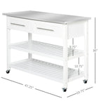 White Rolling Kitchen Island 2 Drawers Storage with Stainless Steel Top - 47.25L x 19.75W x 36 H