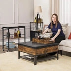 Rustic Brown Black Industrial Bar Cart with Removable Tray 3-Tier Storage and Lockable Wheels