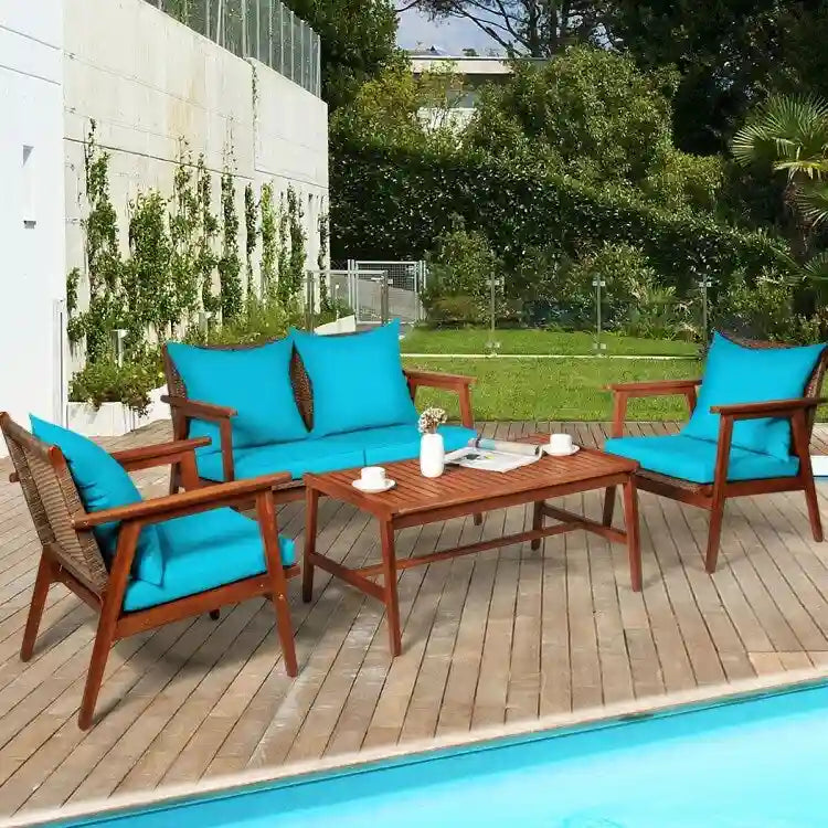4 Piece Acacia Wood Patio Rattan Furniture Set with Cushions - 45 x 27.5x 29.5 (L x W x H)
