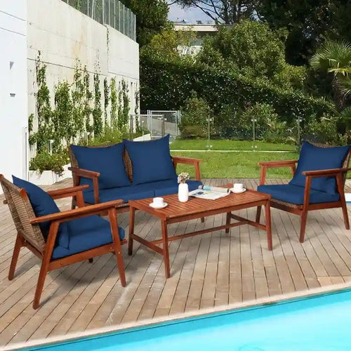 4 Piece Acacia Wood Patio Rattan Furniture Set with Cushions - 45 x 27.5x 29.5 (L x W x H)