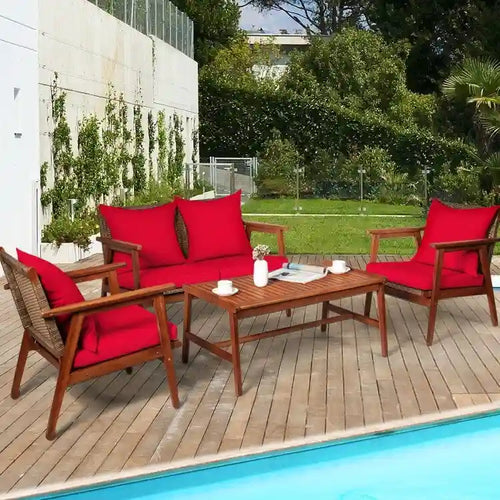 4 Piece Acacia Wood Patio Rattan Furniture Set with Cushions - 45 x 27.5x 29.5 (L x W x H)