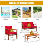 4 Piece Acacia Wood Patio Rattan Furniture Set with Cushions - 45 x 27.5x 29.5 (L x W x H)