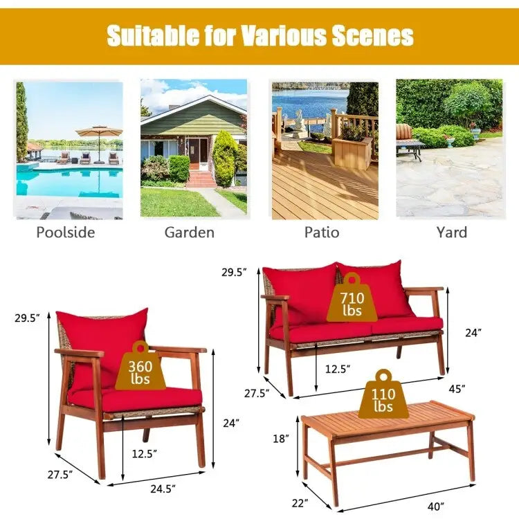 4 Piece Acacia Wood Patio Rattan Furniture Set with Cushions - 45 x 27.5x 29.5 (L x W x H)