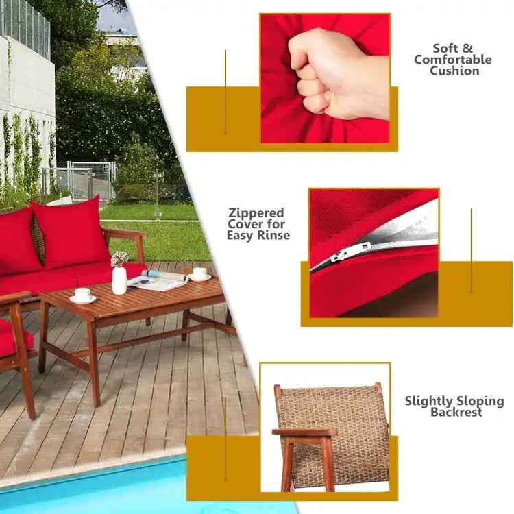4 Piece Acacia Wood Patio Rattan Furniture Set with Cushions - 45 x 27.5x 29.5 (L x W x H)