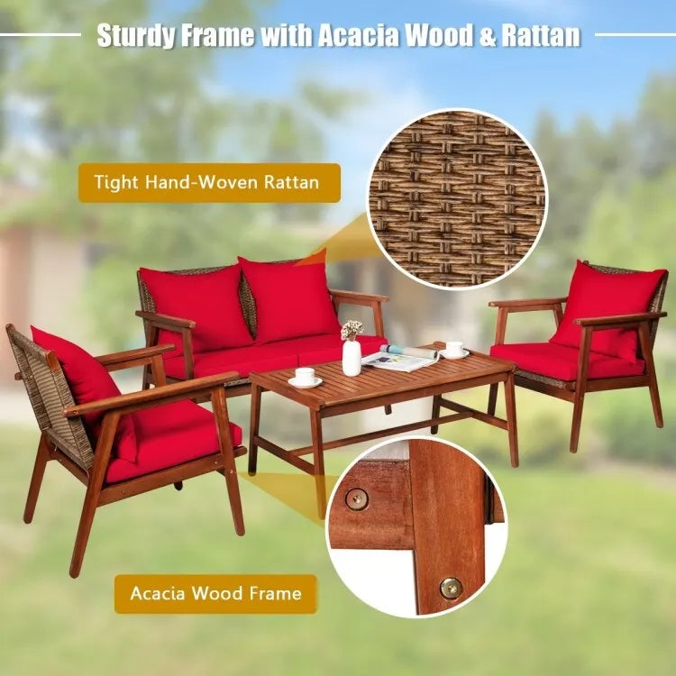 4 Piece Acacia Wood Patio Rattan Furniture Set with Cushions - 45 x 27.5x 29.5 (L x W x H)