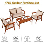 4 Piece Acacia Wood Patio Rattan Furniture Set with Cushions - 45 x 27.5x 29.5 (L x W x H)