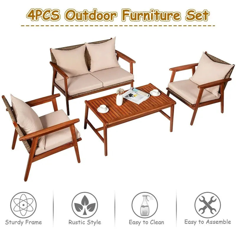 4 Piece Acacia Wood Patio Rattan Furniture Set with Cushions - 45 x 27.5x 29.5 (L x W x H)