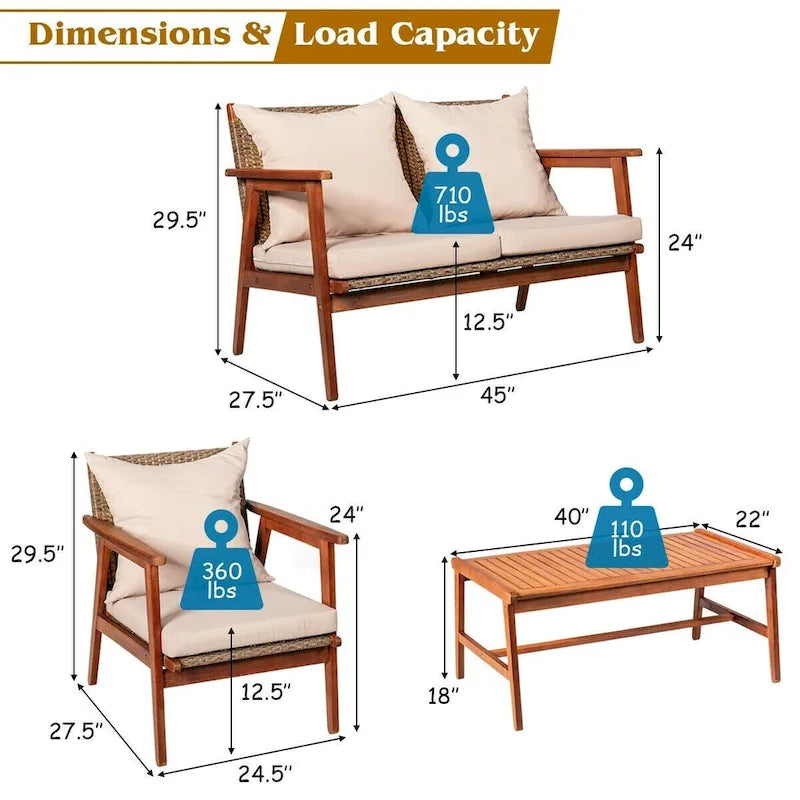 4 Piece Acacia Wood Patio Rattan Furniture Set with Cushions - 45 x 27.5x 29.5 (L x W x H)