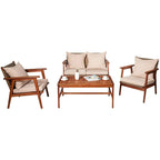4 Piece Acacia Wood Patio Rattan Furniture Set with Cushions - 45 x 27.5x 29.5 (L x W x H)