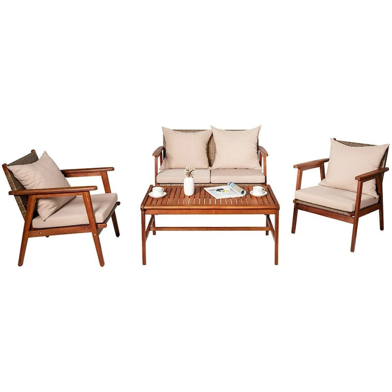 4 Piece Acacia Wood Patio Rattan Furniture Set with Cushions - 45 x 27.5x 29.5 (L x W x H)
