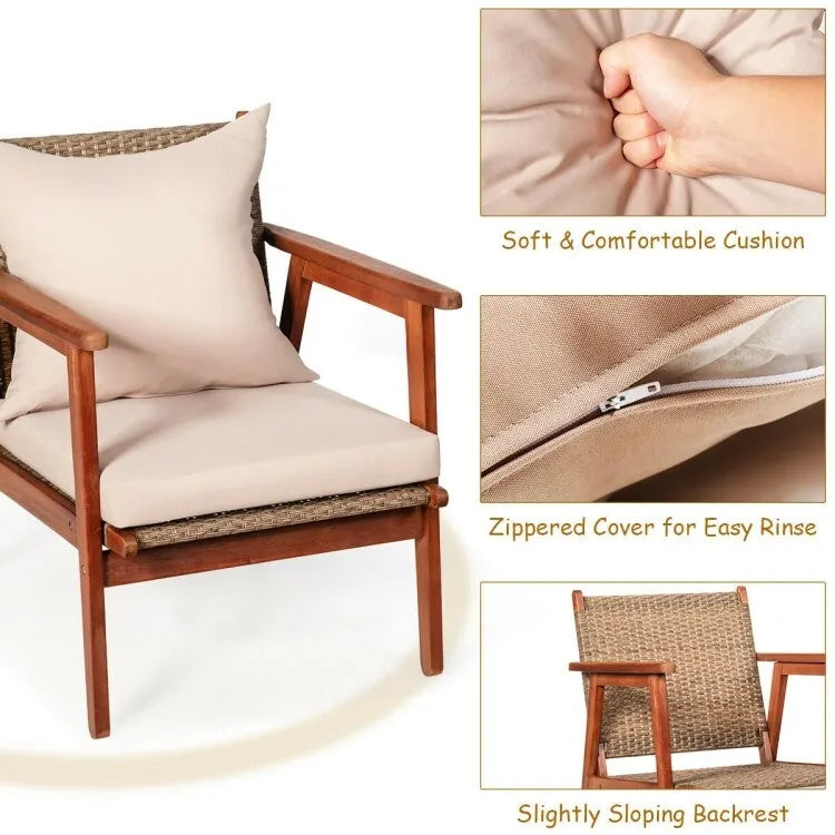 4 Piece Acacia Wood Patio Rattan Furniture Set with Cushions - 45 x 27.5x 29.5 (L x W x H)