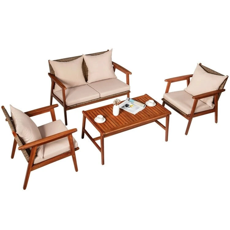 4 Piece Acacia Wood Patio Rattan Furniture Set with Cushions - 45 x 27.5x 29.5 (L x W x H)