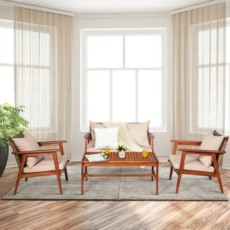 4 Piece Acacia Wood Patio Rattan Furniture Set with Cushions - 45 x 27.5x 29.5 (L x W x H)
