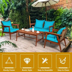 4 Piece Acacia Wood Patio Rattan Furniture Set with Cushions - 45 x 27.5x 29.5 (L x W x H)