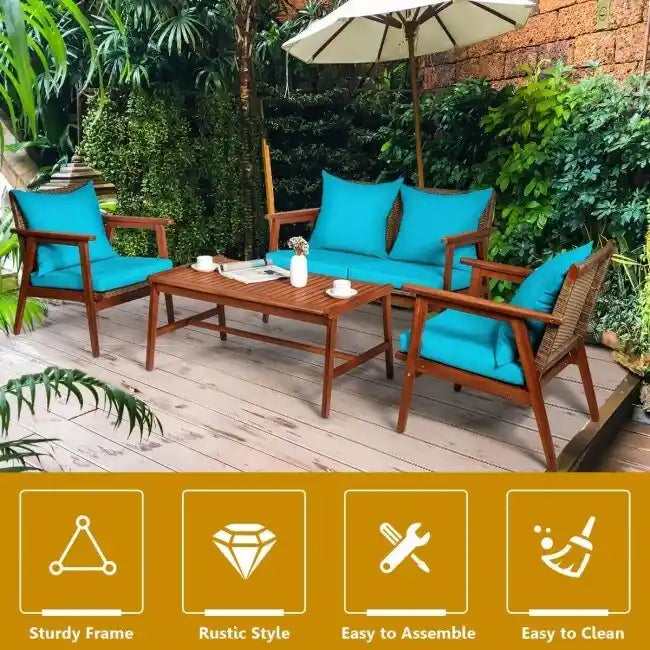 4 Piece Acacia Wood Patio Rattan Furniture Set with Cushions - 45 x 27.5x 29.5 (L x W x H)